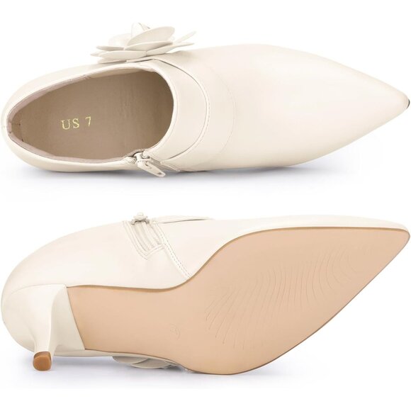 ⚡Women's White Faux Leather Flower Stiletto Heels Pointy Toe Ankle Booties - Picture 7 of 7